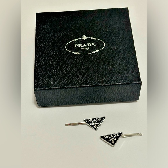 PRADA hair pins barrette black logo accessory silver set of 2 clips - Picture 1 of 3